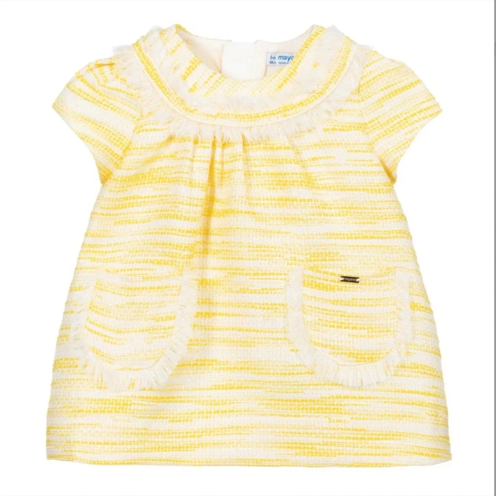 Mayoral Baby Girl Yellow And White Tweed Easter Dress Size 6 Months